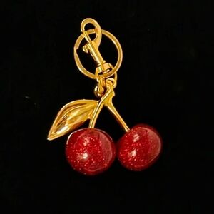 🍒Red Sparkly Resin Cherry Large Keychain Bag Charm with Gold Finish